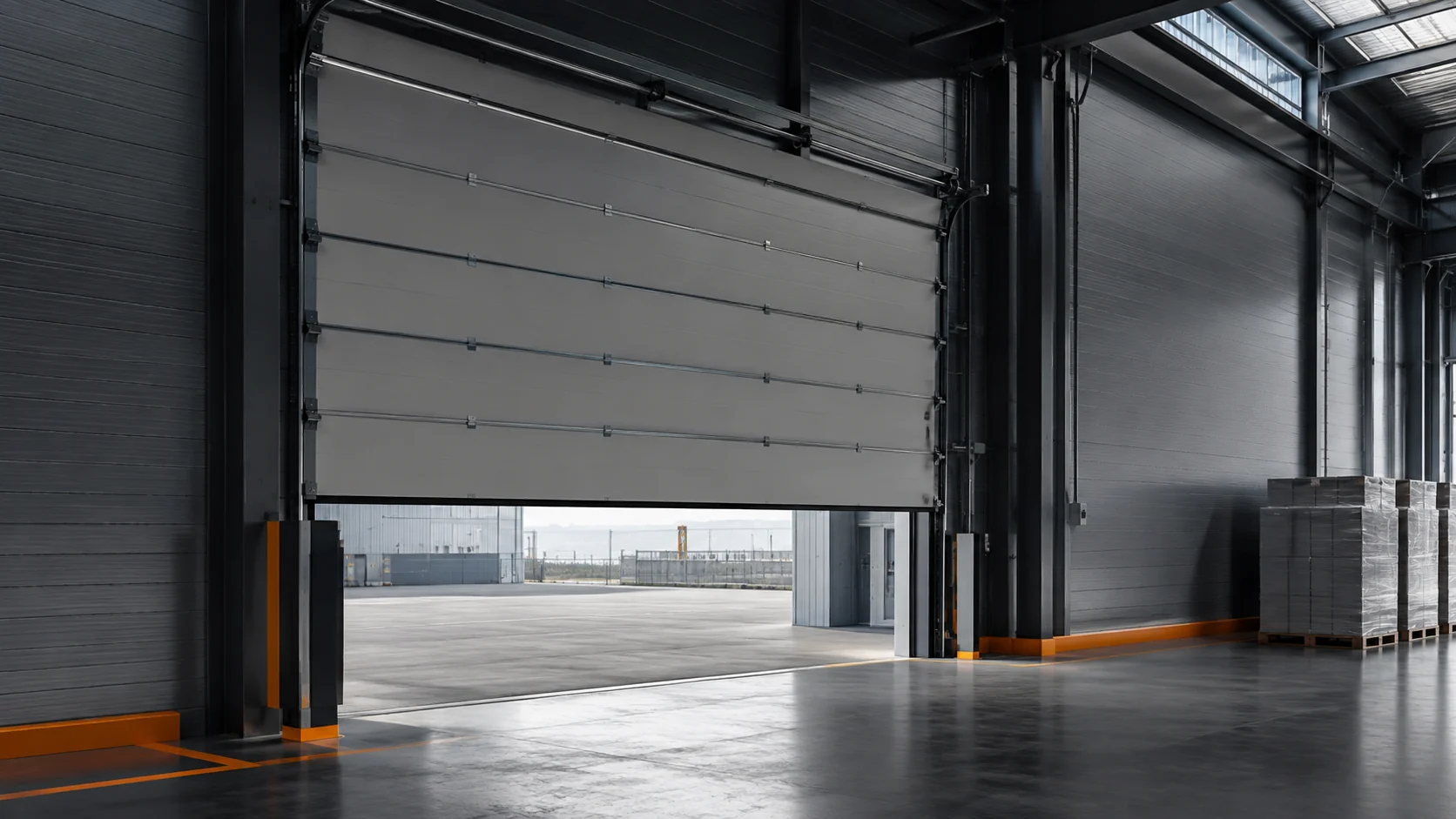 Overhead sectional door inside a modern logistics facility